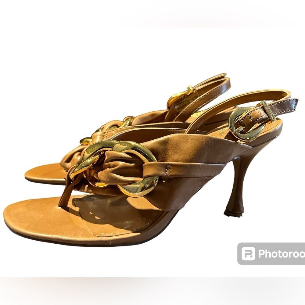 Vince Camuto Women's Melzie Chain Detail Tan with Gold Hardware Heeled Sandel